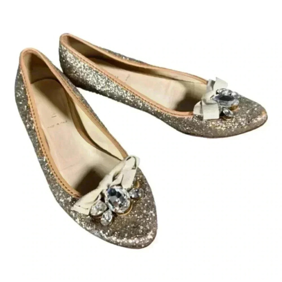 MIU MIU Prada Flats Shoes Silver Gold 6 Rhinestone Glitter Bow Pointed Toe 36 - Picture 2 of 9